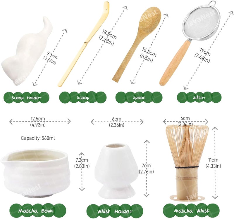 JavaNest 7-Piece Matcha Tea Set with Gift Card – 120-Prong Bamboo Whisk, Ceramic Bowl with Spout, Whisk Holder, Scoop, Spoon, Strainer & Scoop Holder – Ideal Gift for Matcha Lovers (White, 100-Prong) - Image 2